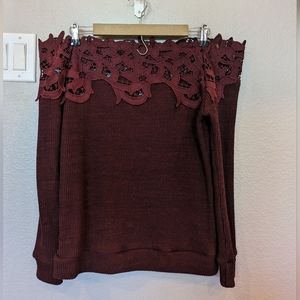 Buckle black -burgandy floral crochet off the shoulders sweater top L